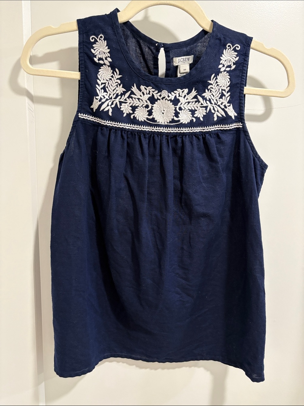J. Crew Navy Sleeveless Tank with White Floral Embroidery